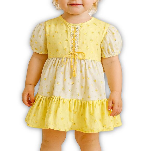 Bloome de Jeune Fille Yellow Floral Prairie Dress Girls 3T Puff Sleeve Vtg 70s - Picture 1 of 10